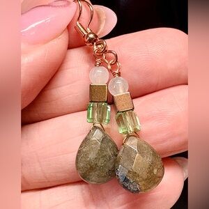Elegant genuine labradorite and Green and Gold Dangle Earrings